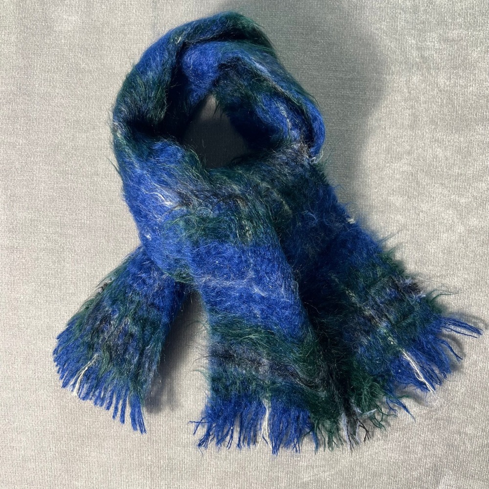 Andrew Stewart Dark Douglas Mohair Wool Scarf Made in Scotland Blue Green Plaid